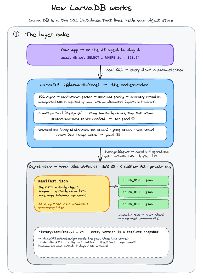 How LarvaDB works — the layer cake: your app's SQL, LarvaDB the orchestrator, and the object store holding one mutable manifest plus immutable chunks