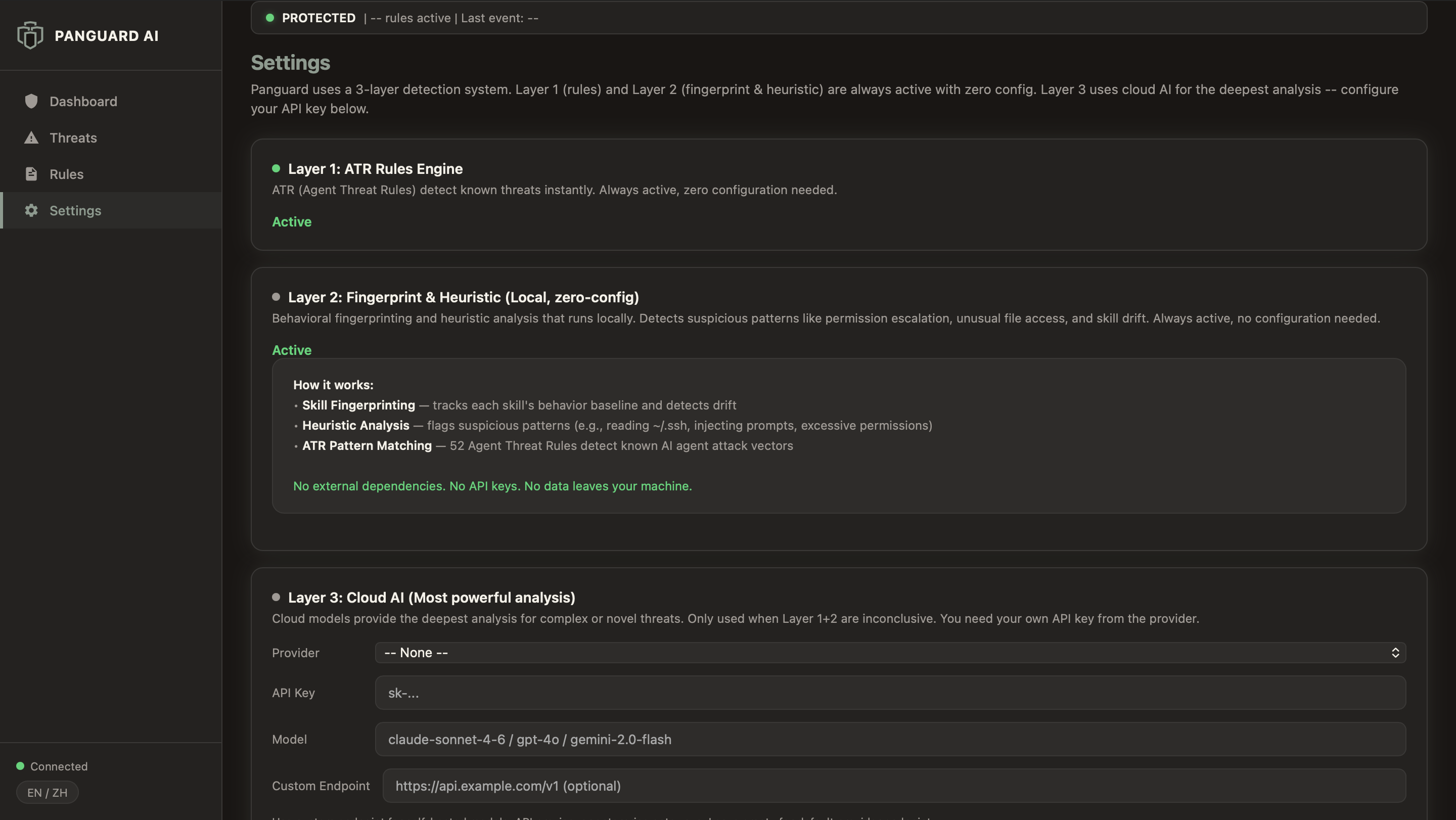 Settings — 3-layer detection (ATR, Fingerprint, Cloud AI)