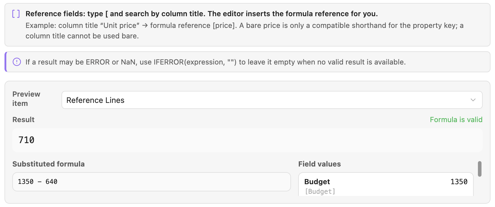 Formula editor with field details and value preview