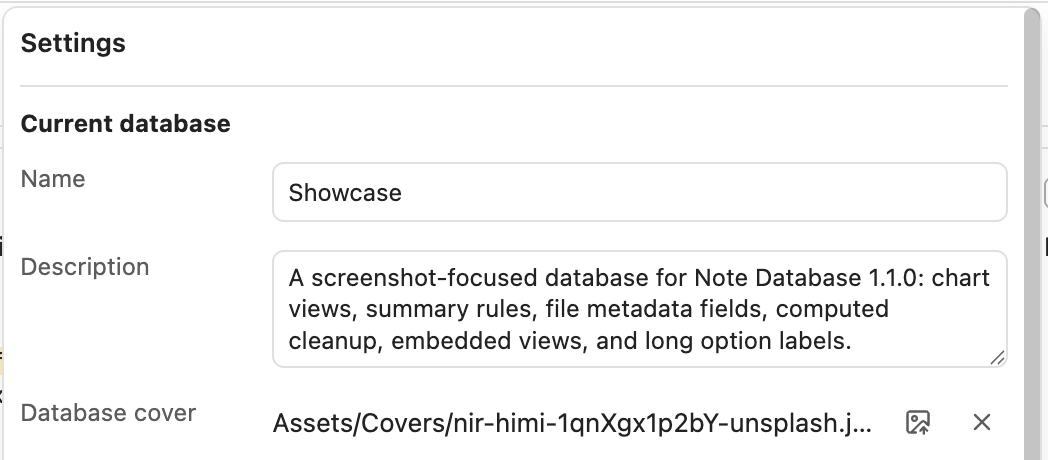 Database, board, and gallery cover settings