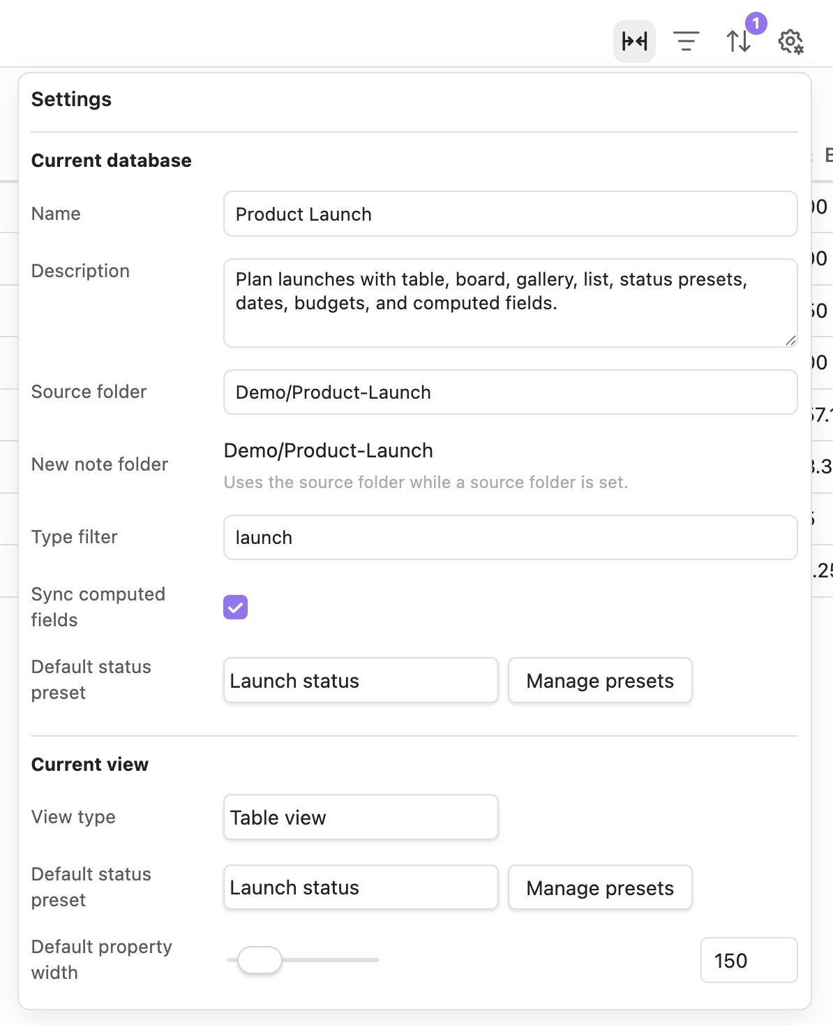 Settings panel