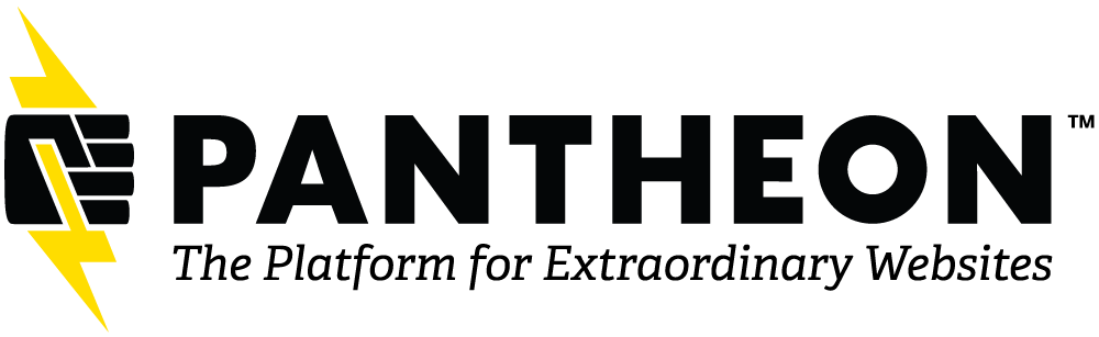 Pantheon.io logo featuring a fist capturing lighting. Pantheon™, The Platform for Extraordinary Websites.