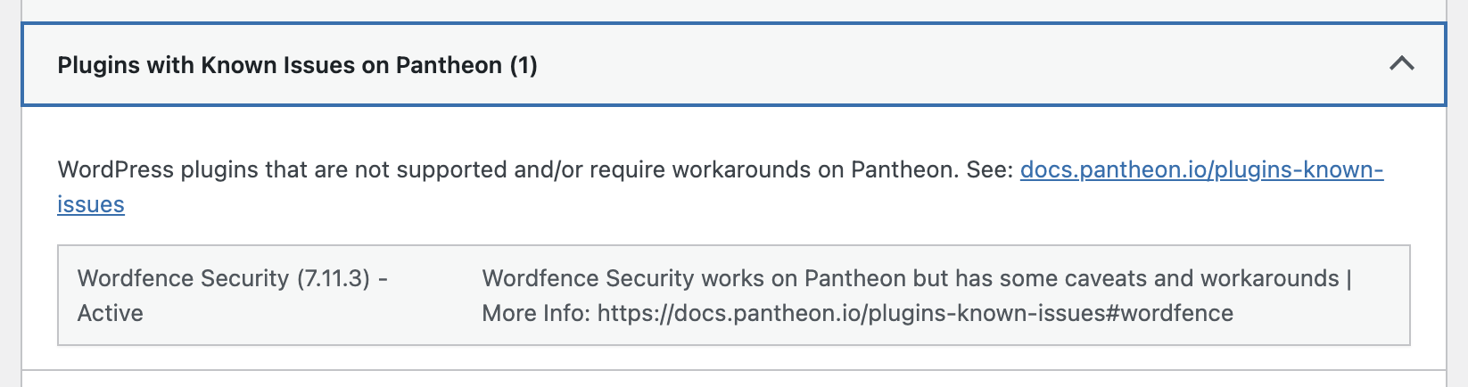 Example of the plugins with known issues on Pantheon section