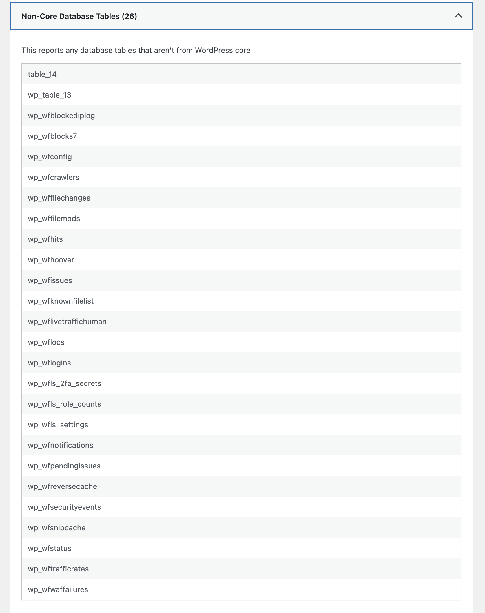 Example of the non-core DB tables section