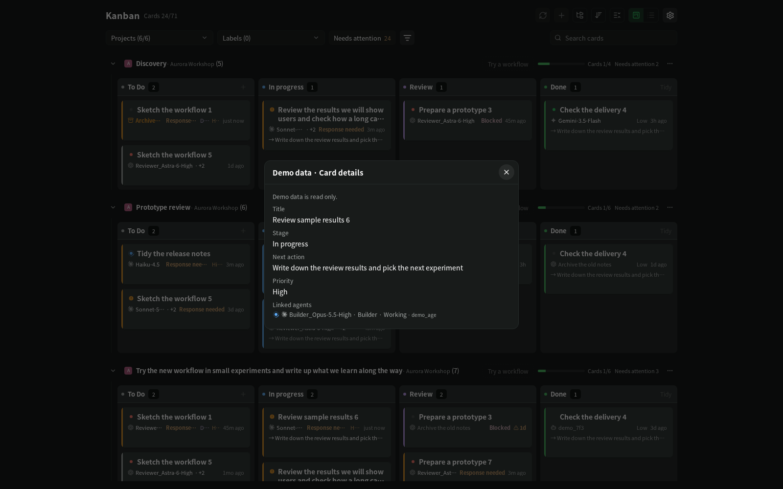 Card details (demo data, dark theme): title, stage, next action, priority and the linked agent with its state