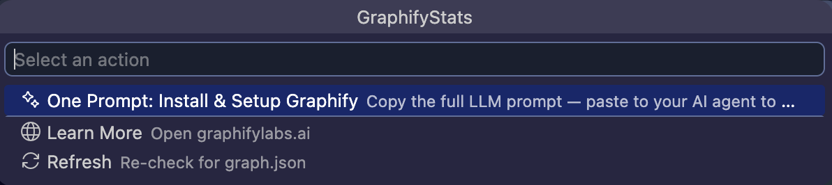 GraphifyStats command palette — One Prompt setup for installing and configuring Graphify