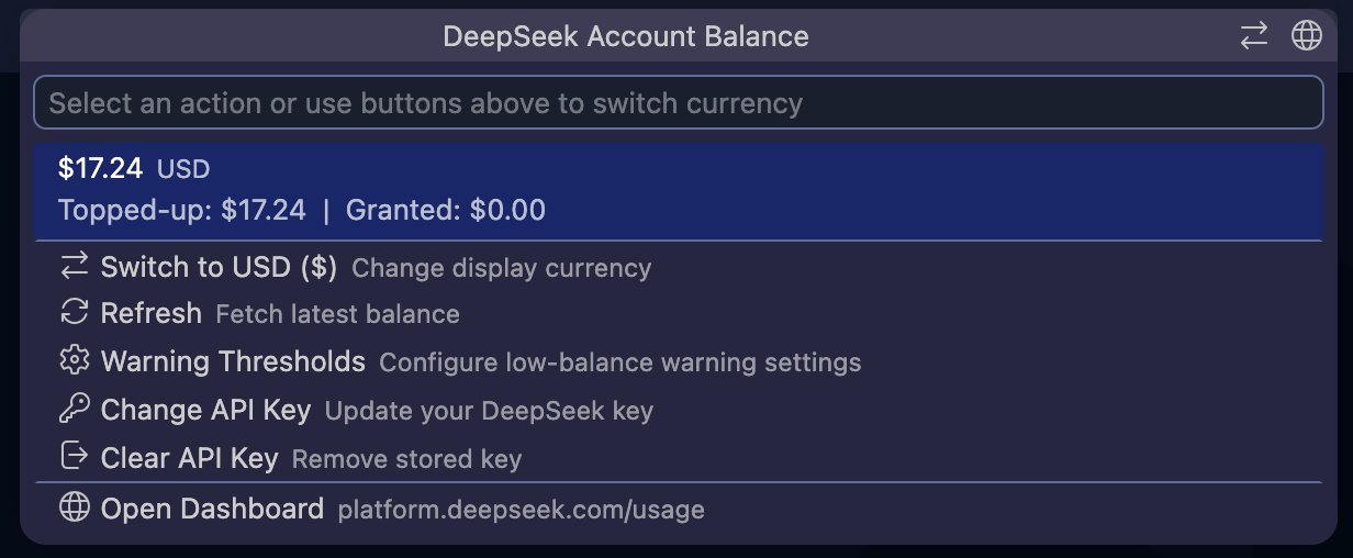 Command palette with settings and actions