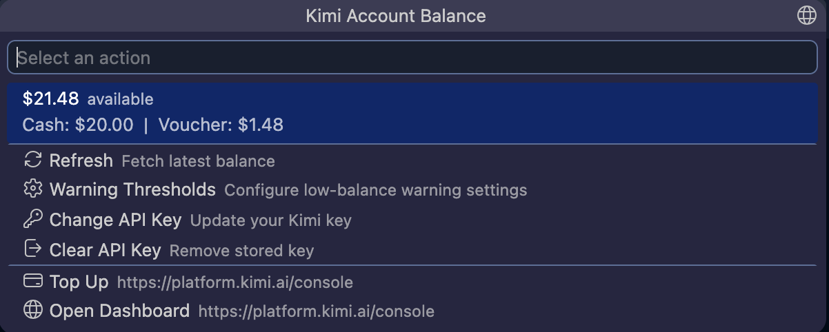 Balance menu with cash and voucher breakdown