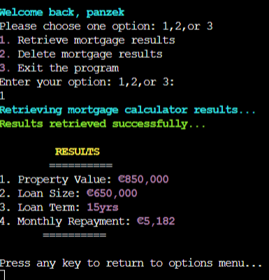 Retrieve Mortgage Calculator Results