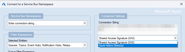 Authentication dropdown with Azure Active Directory option