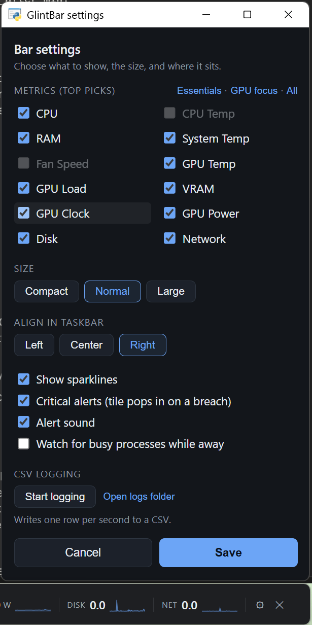 The GlintBar settings panel: metric picks with Essentials / GPU focus / All presets, size, taskbar alignment, toggles for sparklines, alerts, sound and away watch, and CSV logging