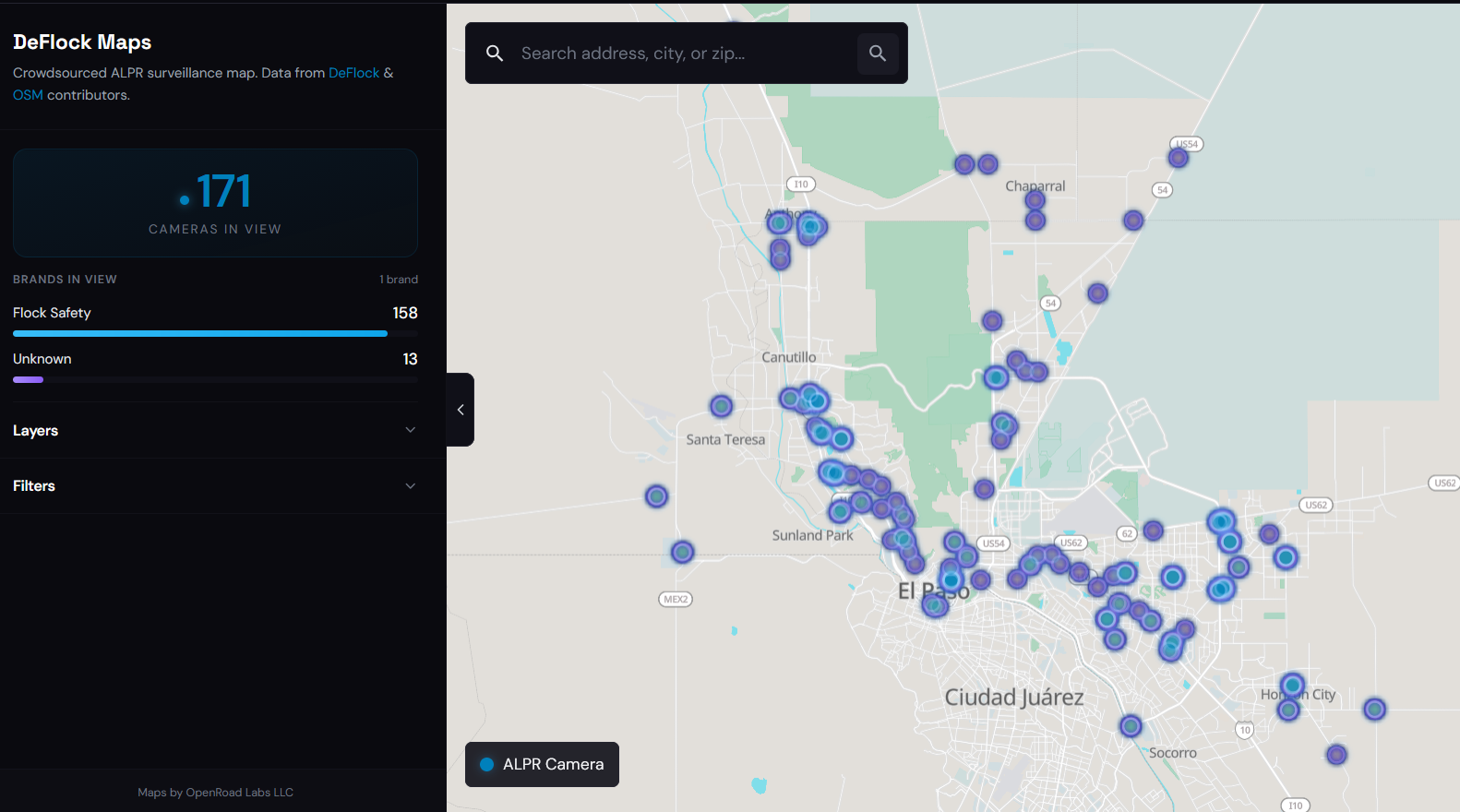 Map of 158 Flock Safety ALPR cameras across the El Paso area, including cameras near Ciudad Juárez, Horizon City, and Chaparral NM