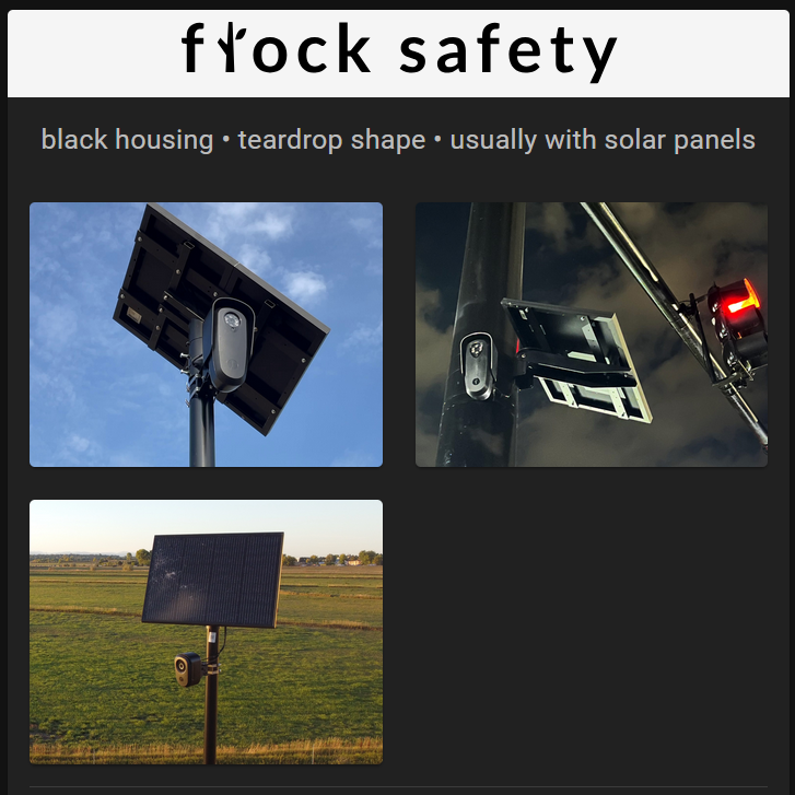 What a Flock Safety ALPR camera looks like — black housing, teardrop shape, mounted on a pole with a solar panel