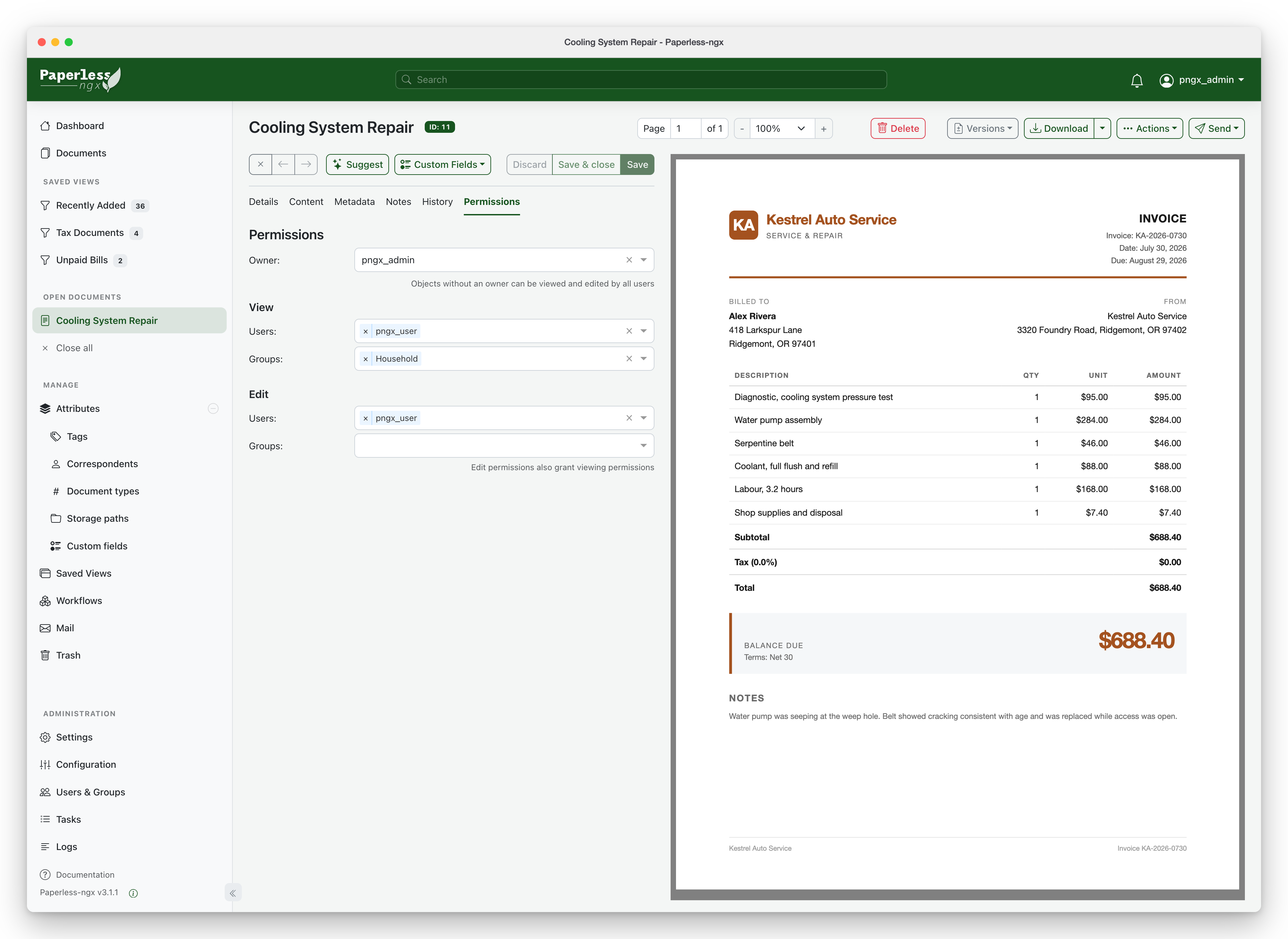 Paperless-ngx Permissions tab beside a sample invoice, with separate owner, view and edit controls.