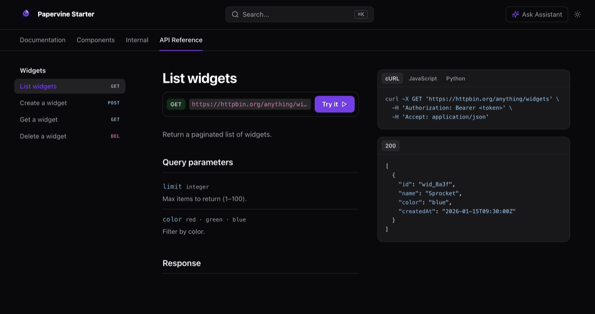 A generated API reference page: endpoint list in the sidebar with HTTP method badges, query parameters and response schema in the centre, and a tabbed cURL/JavaScript/Python request sample with a Try it button