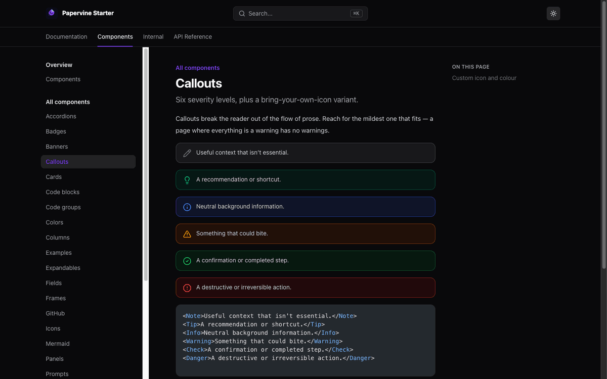 A docs site rendered by papervine dev — navigation, component gallery and a copyable snippet, in dark mode