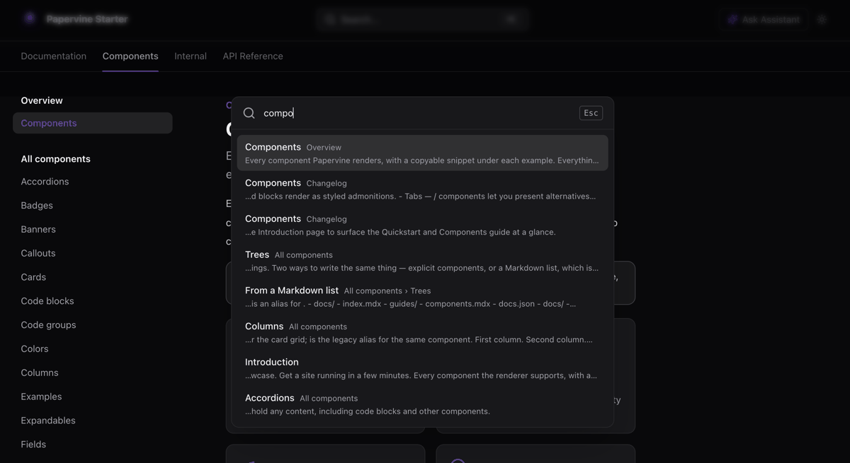 The search palette open over a docs page, showing ranked results with their section breadcrumb and a matching excerpt from each page