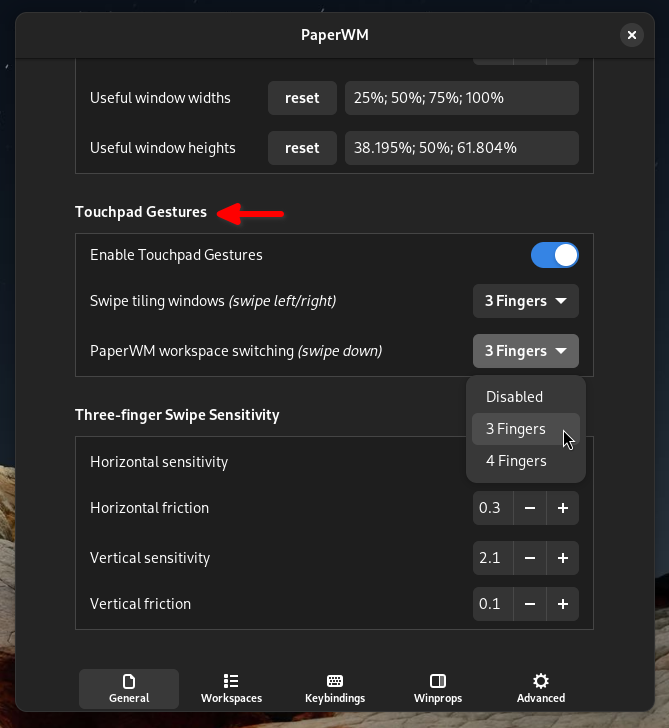 Touchpad gesture settings