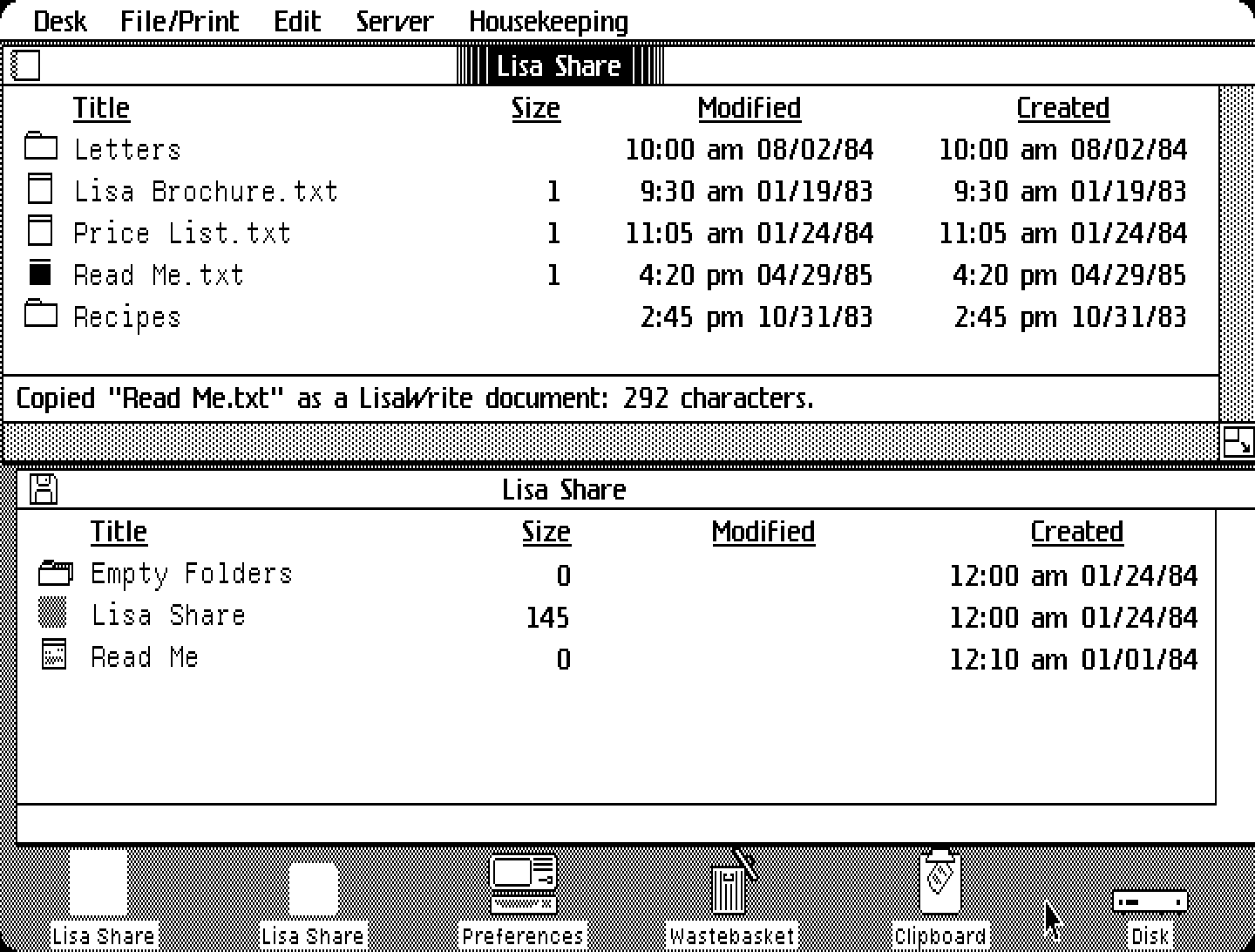 Lisa Share listing a server folder above a Lisa disk window, both in list view