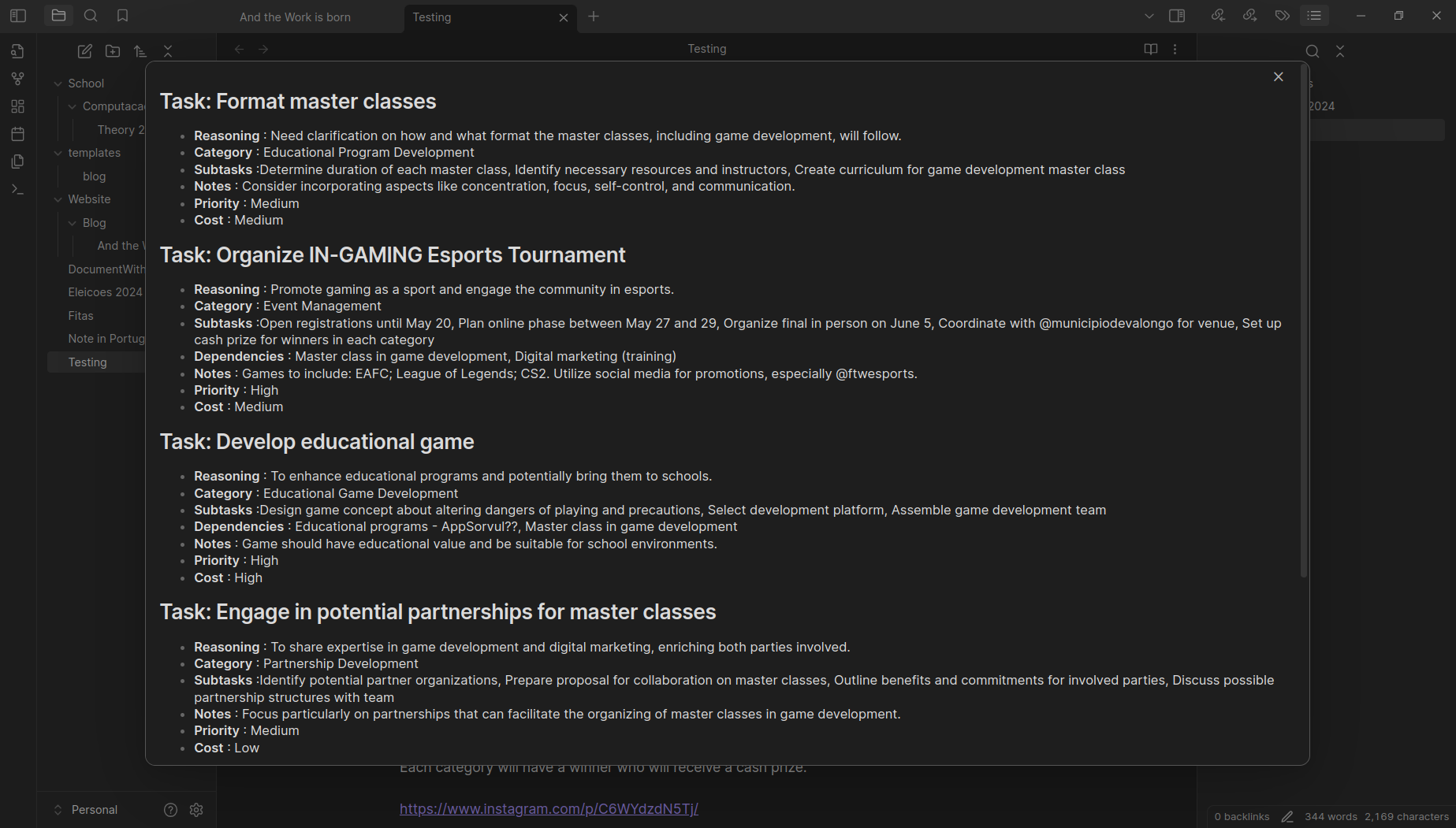 Example of the Create Actionables command