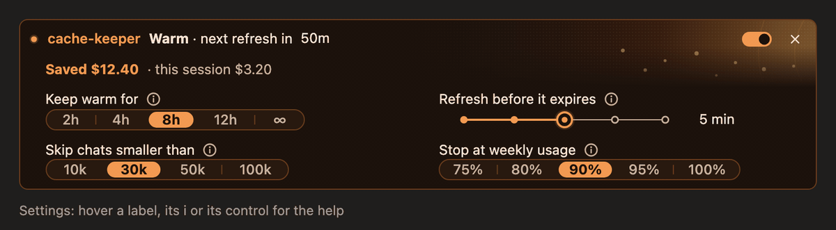 The settings sheet, dark then light: keep warm for, refresh before it expires, skip chats smaller than, stop at weekly usage, with each setting's help shown as the pointer moves over it