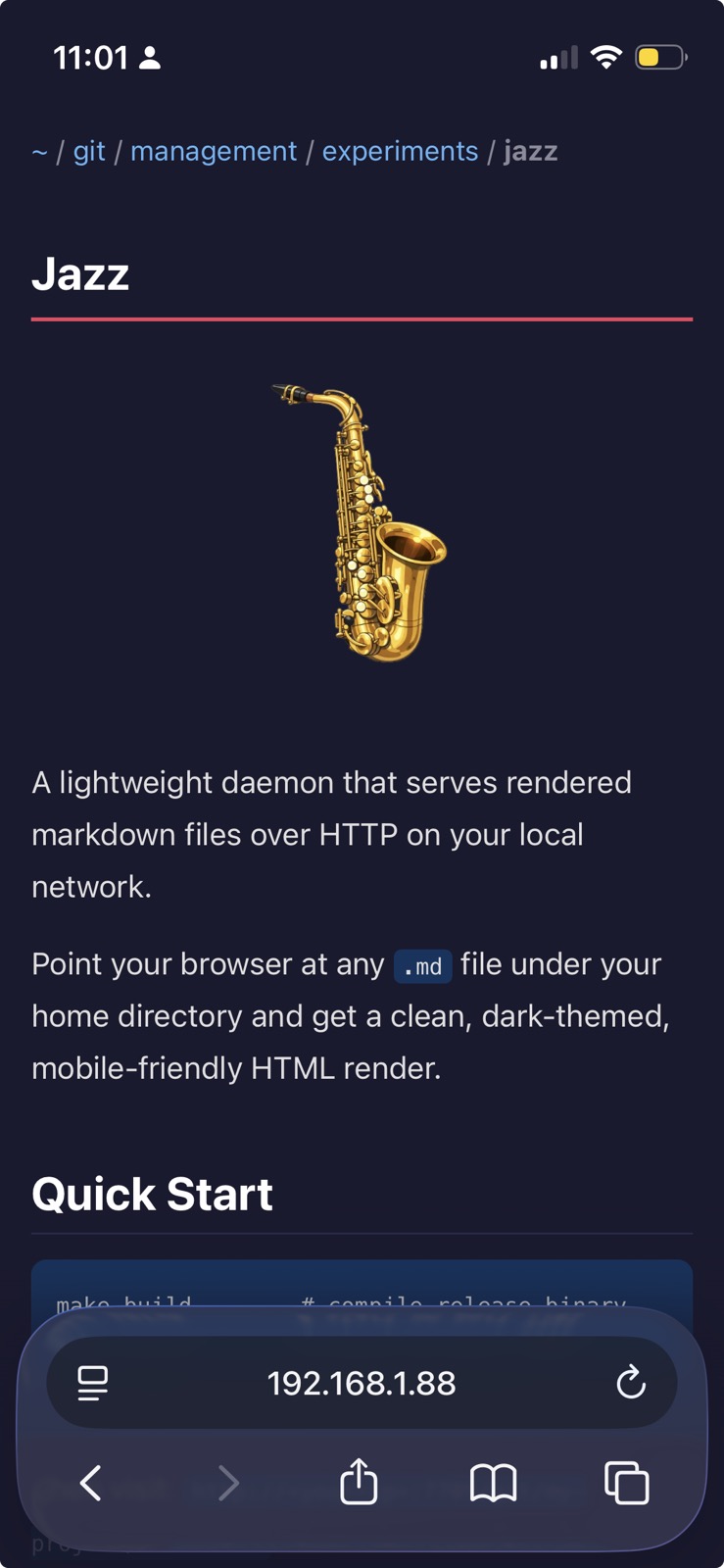 Jazz rendering its own README on mobile