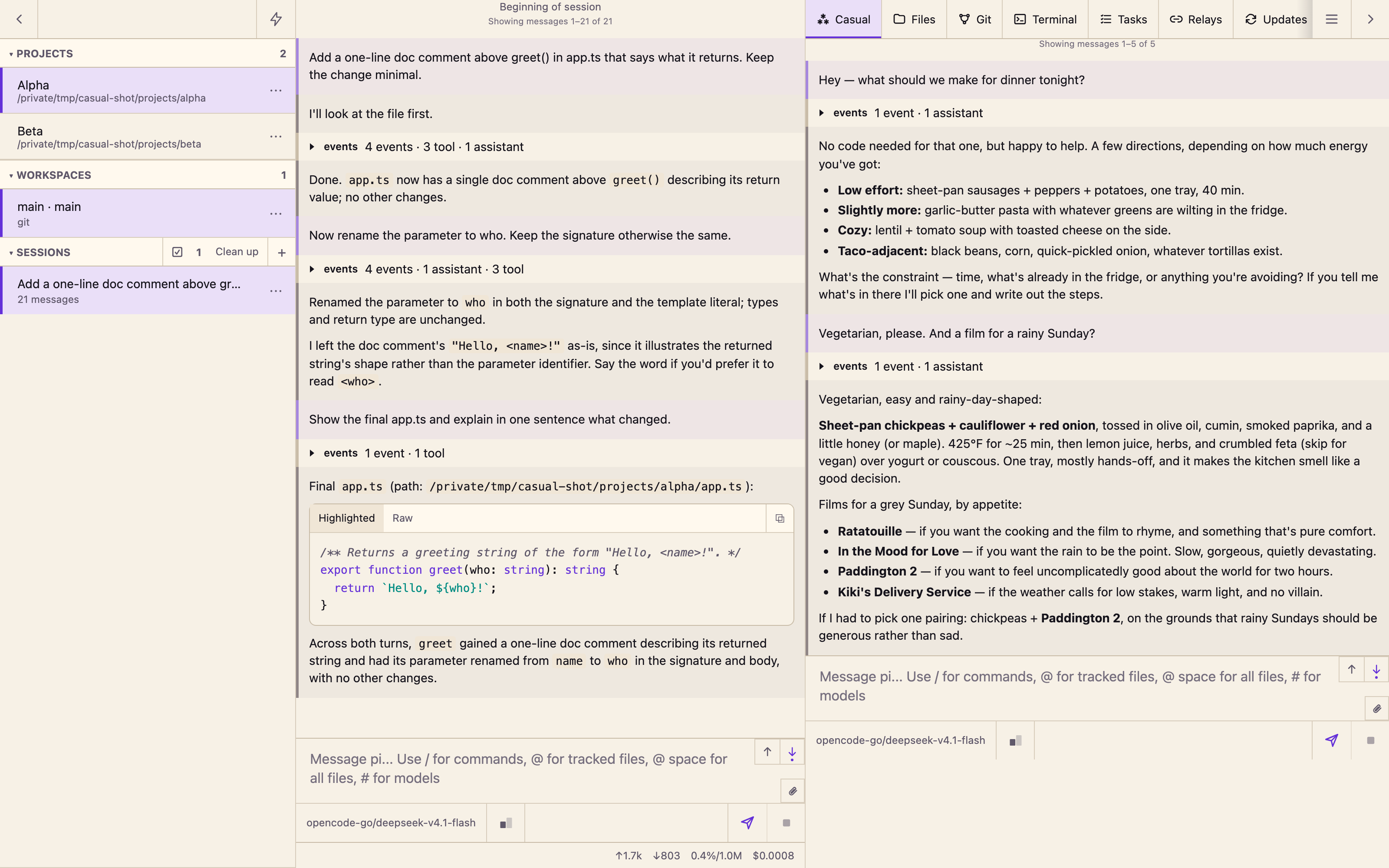 Casual on desktop: a project chat in the main column and the Casual conversation open beside it in the Casual tab, with the Casual project hidden from the sidebar