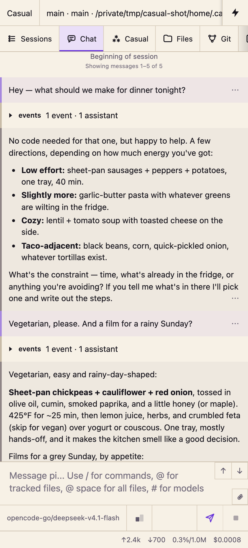 Casual on mobile: the casual conversation open in PI WEB's mobile chat layout, with Casual in the tab bar