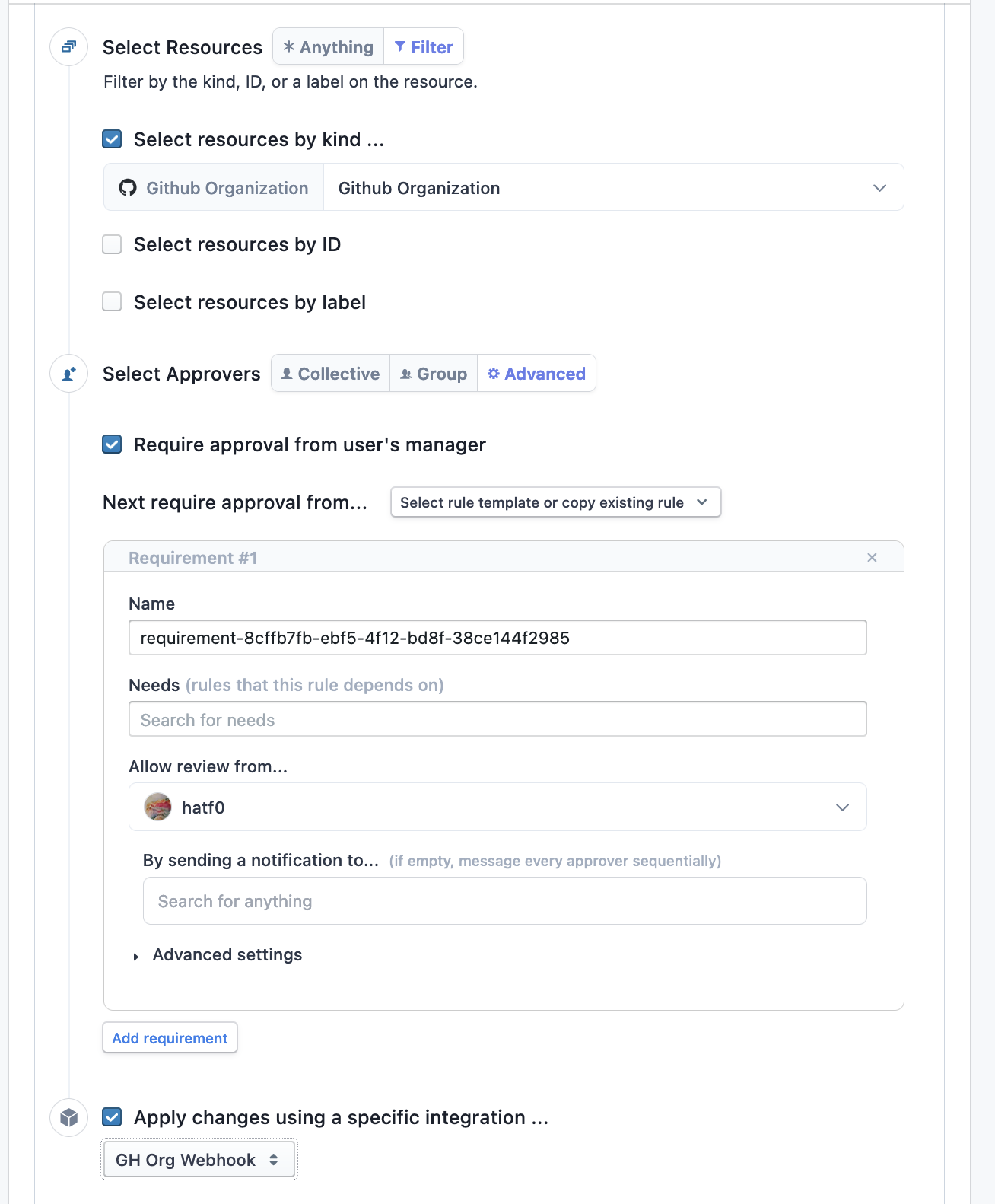 A picture showing a fully configured access request rule in the Indent admin panel