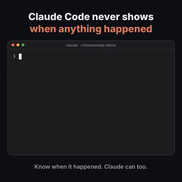 A message gets a dim 14:05 under it, Claude's reply and tool calls get times too, the turn closes with "replied 14:07 · took 1m 48s", and Claude answers what time it is