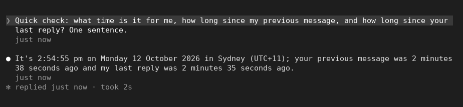 Times in relative style: "just now" under a message and a reply, and "replied just now · took 2s"
