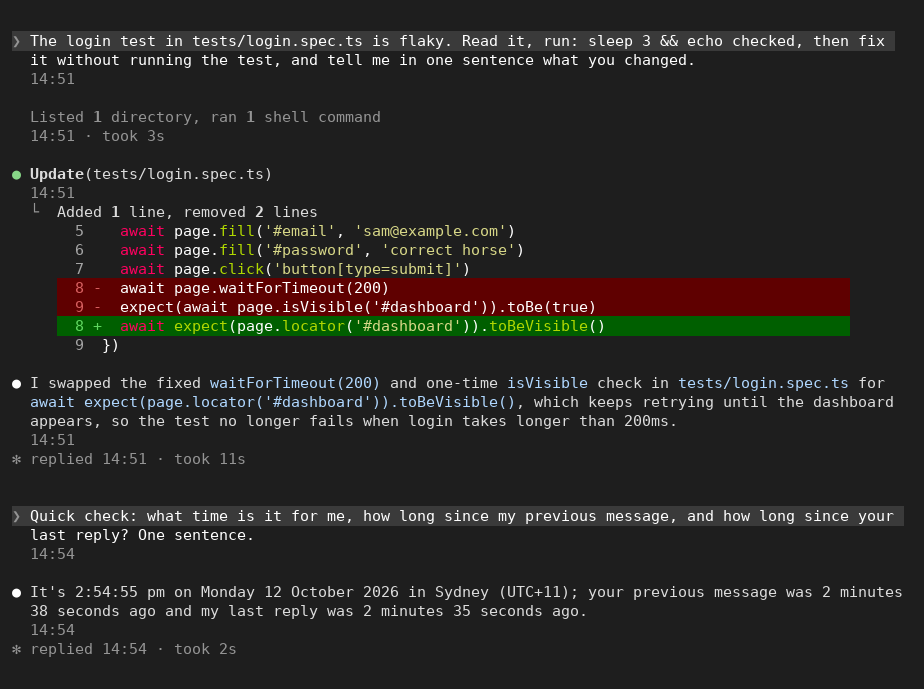 A real Claude Code session with the mod: a dim time under each message, tool call and reply, "replied 14:51 · took 11s" closing the turn, and Claude answering exactly what time it is and how long since the last message