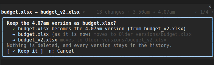 The keep plan: budget.xlsx becomes the 7.11am version from budget_v2.xlsx; budget.xlsx as it is now and budget_v2.xlsx move to Older versions