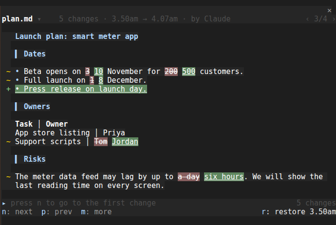 A Markdown launch plan with dates, a new list item and a table cell changed