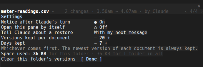 The settings: notices, auto-open, how Claude is told, versions and days kept, space used