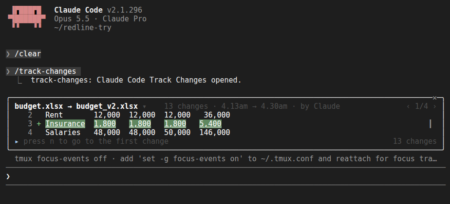 A short pane: the file and count, and the changed rows