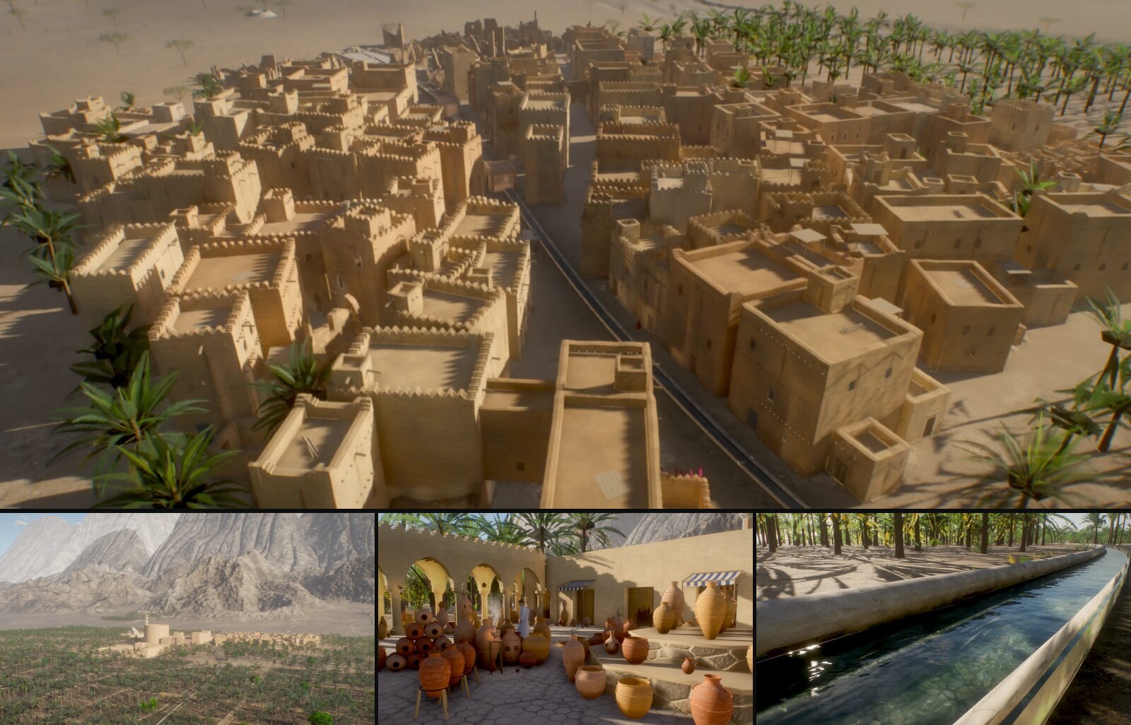 An oasis town — every building, palm, wall and water channel generated in code with the Mirage approach