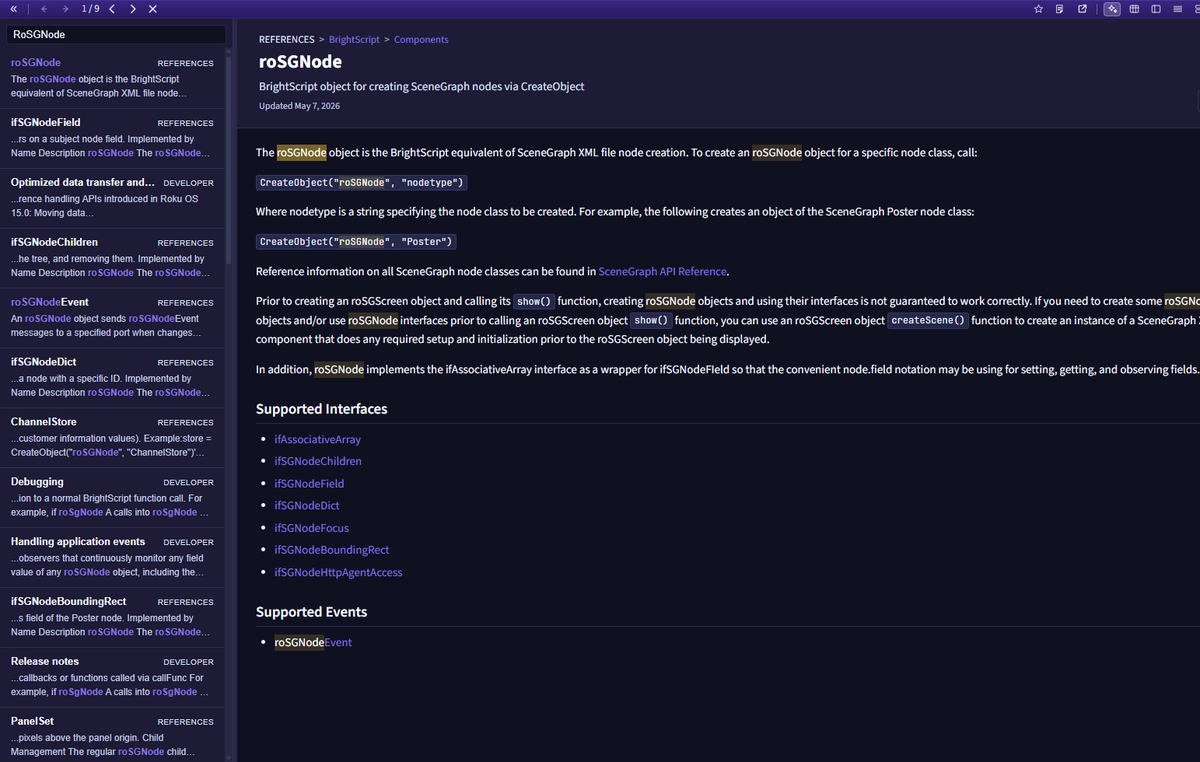 In-app Developer Docs with search results