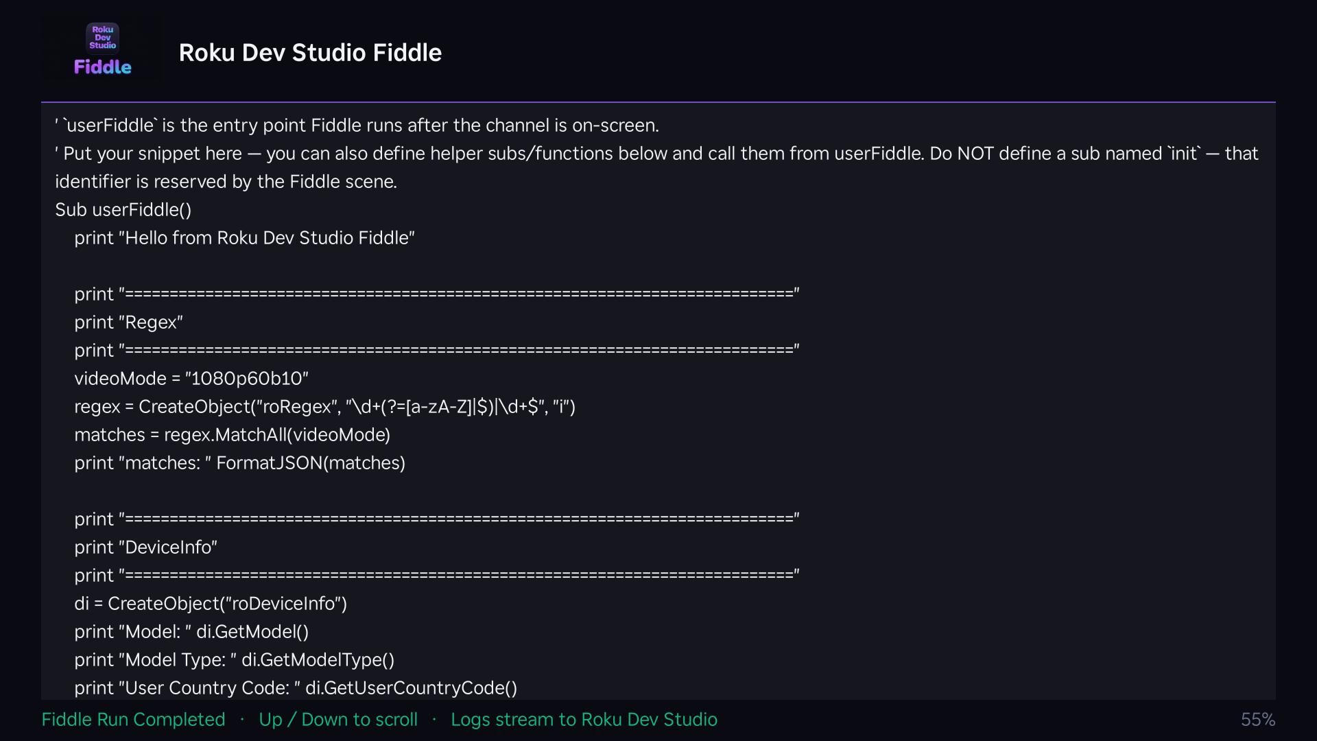 Fiddle channel on the Roku — source mirrored on screen, hint footer reports run state