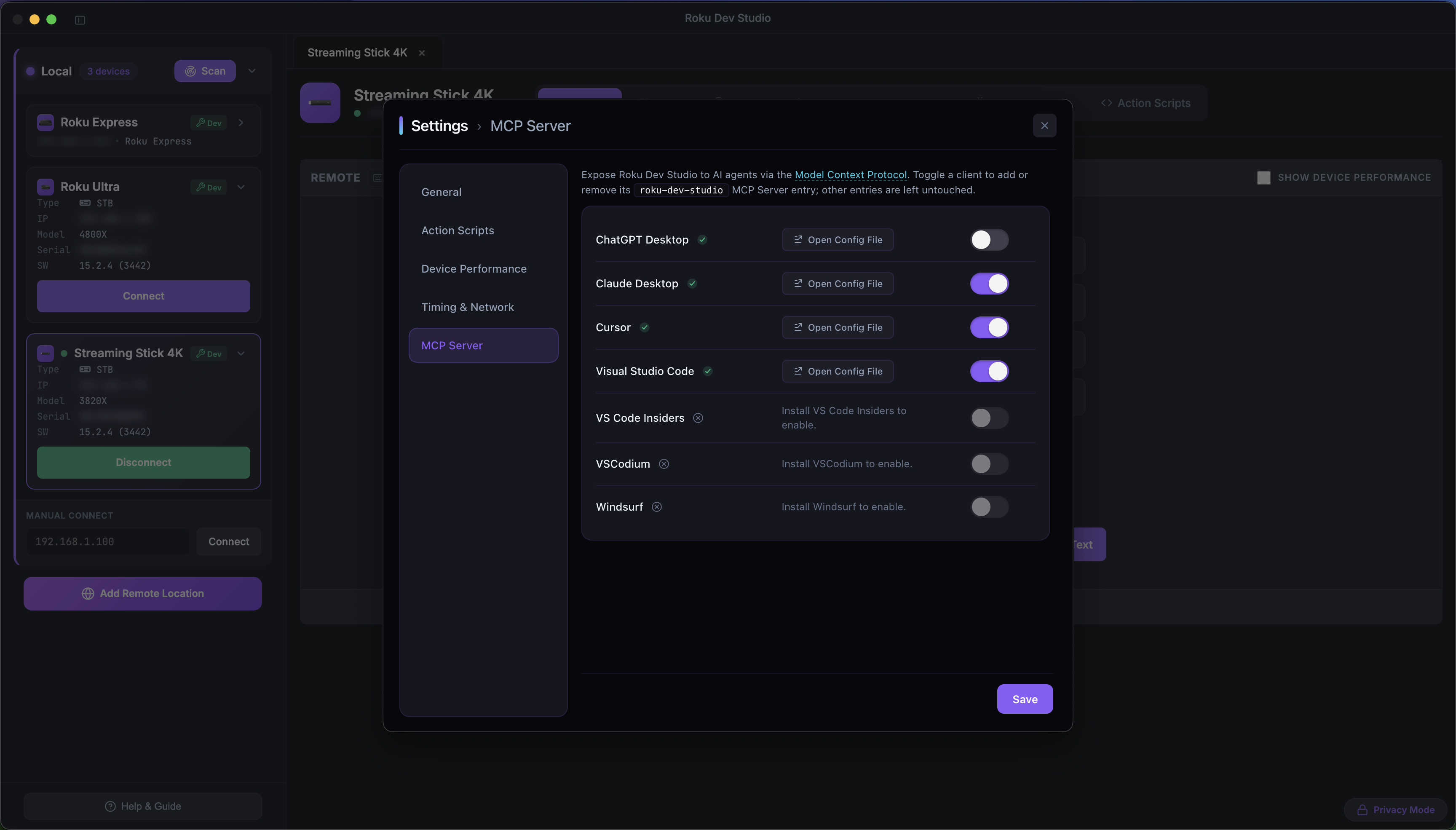 Settings → MCP Server panel
