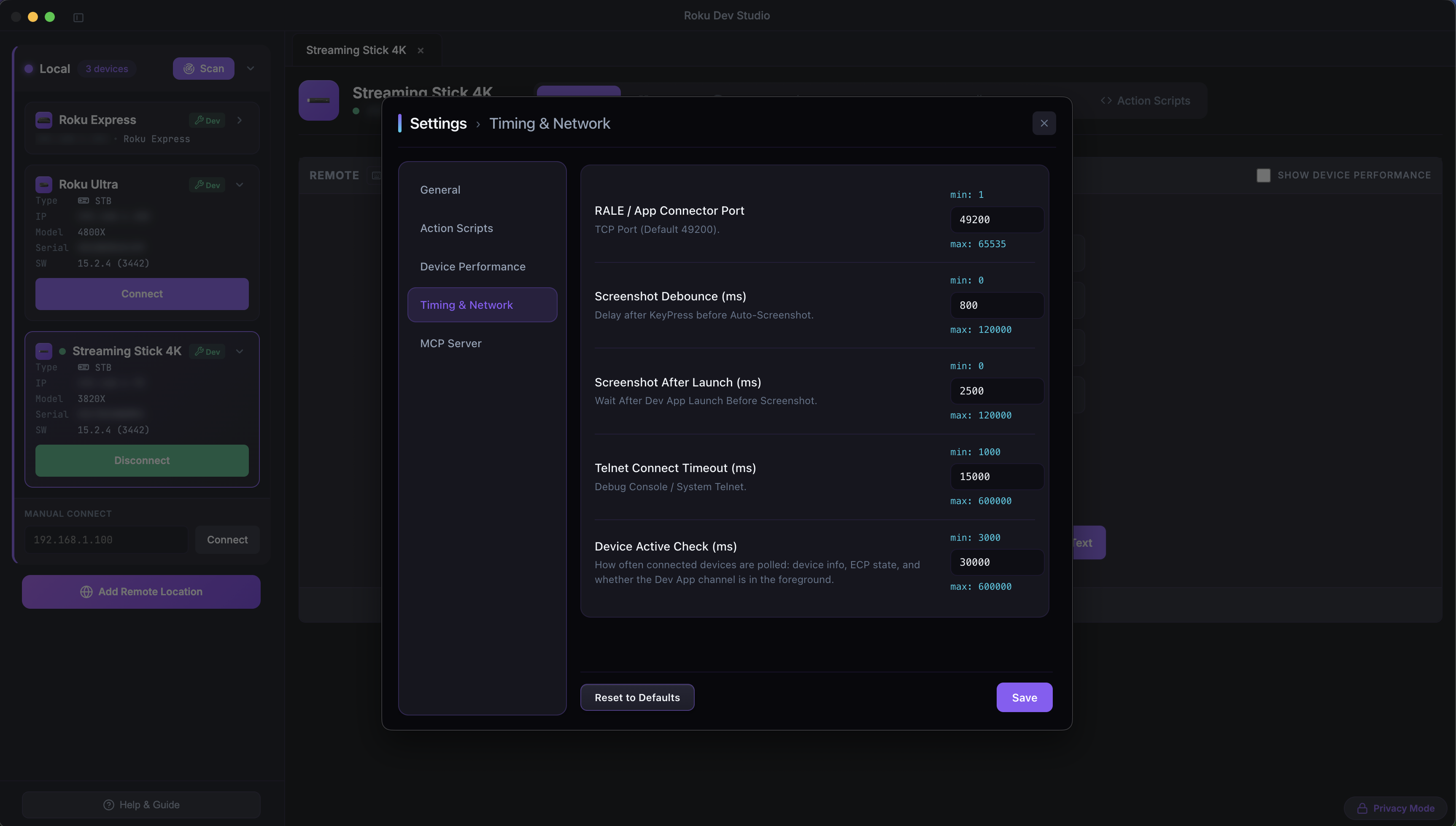 Settings → Timing & Network
