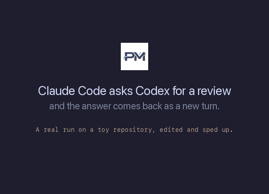 A real recorded run, edited and sped up. Codex joins bag review. Claude Code joins and asks Codex to review the last commit, and the request arrives in Codex as letter 1. Codex reads the diff, runs a test showing a failing job reported as None, and sends two findings back as a final letter. Claude Code checks them against the diff and agrees.