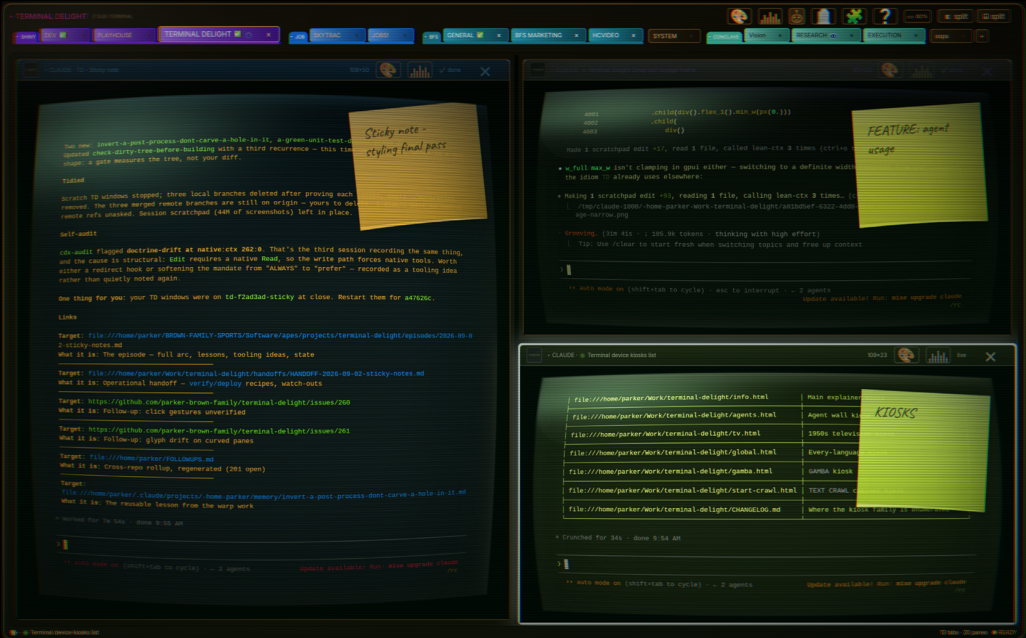 Thirteen colour-banded tab groups over twenty panes; three CRT-warped agent panes, each wearing a hand-written sticky note
