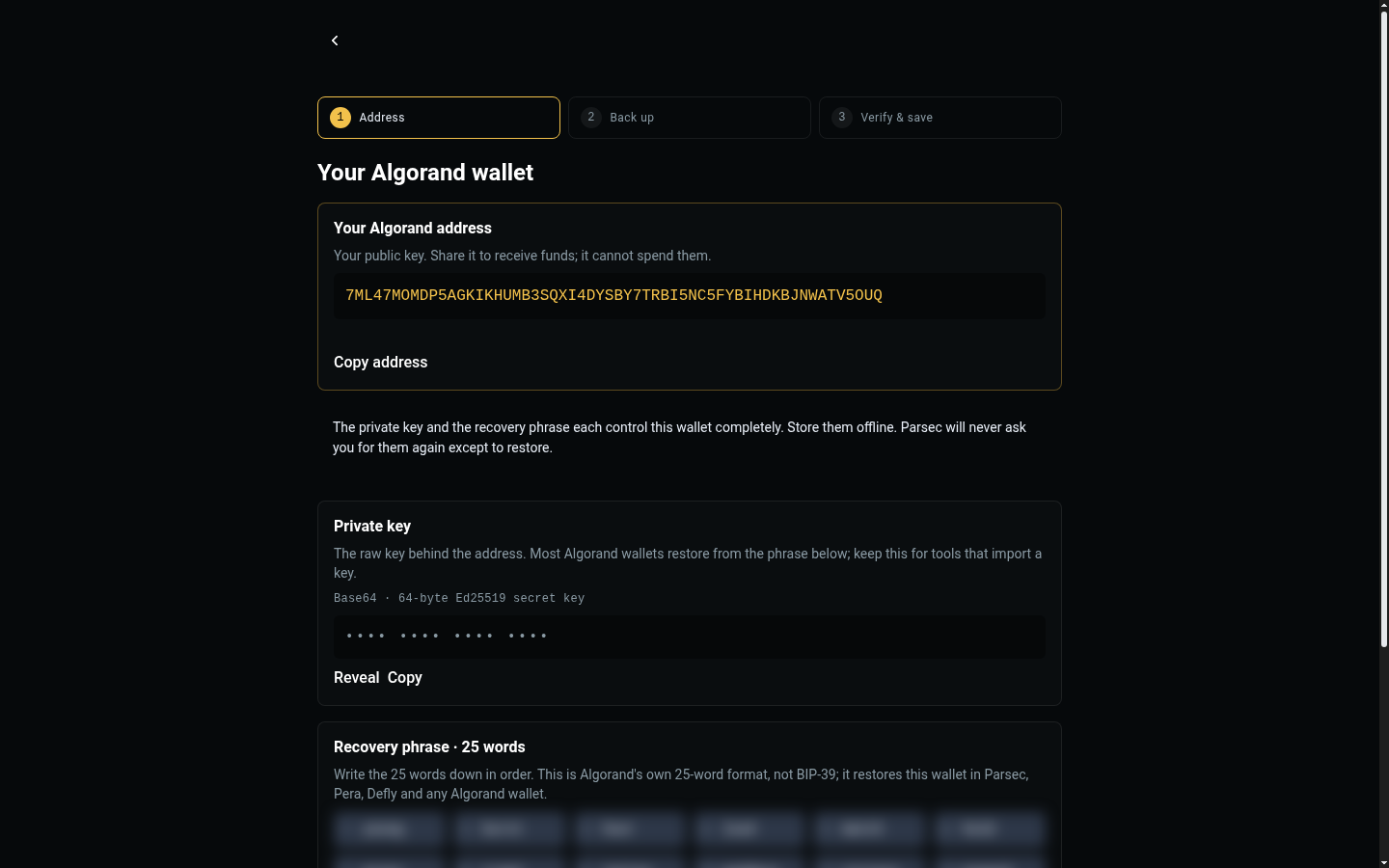 Creating an Algorand wallet in PARSEC: the address first, then the private key and recovery phrase, each hidden until revealed