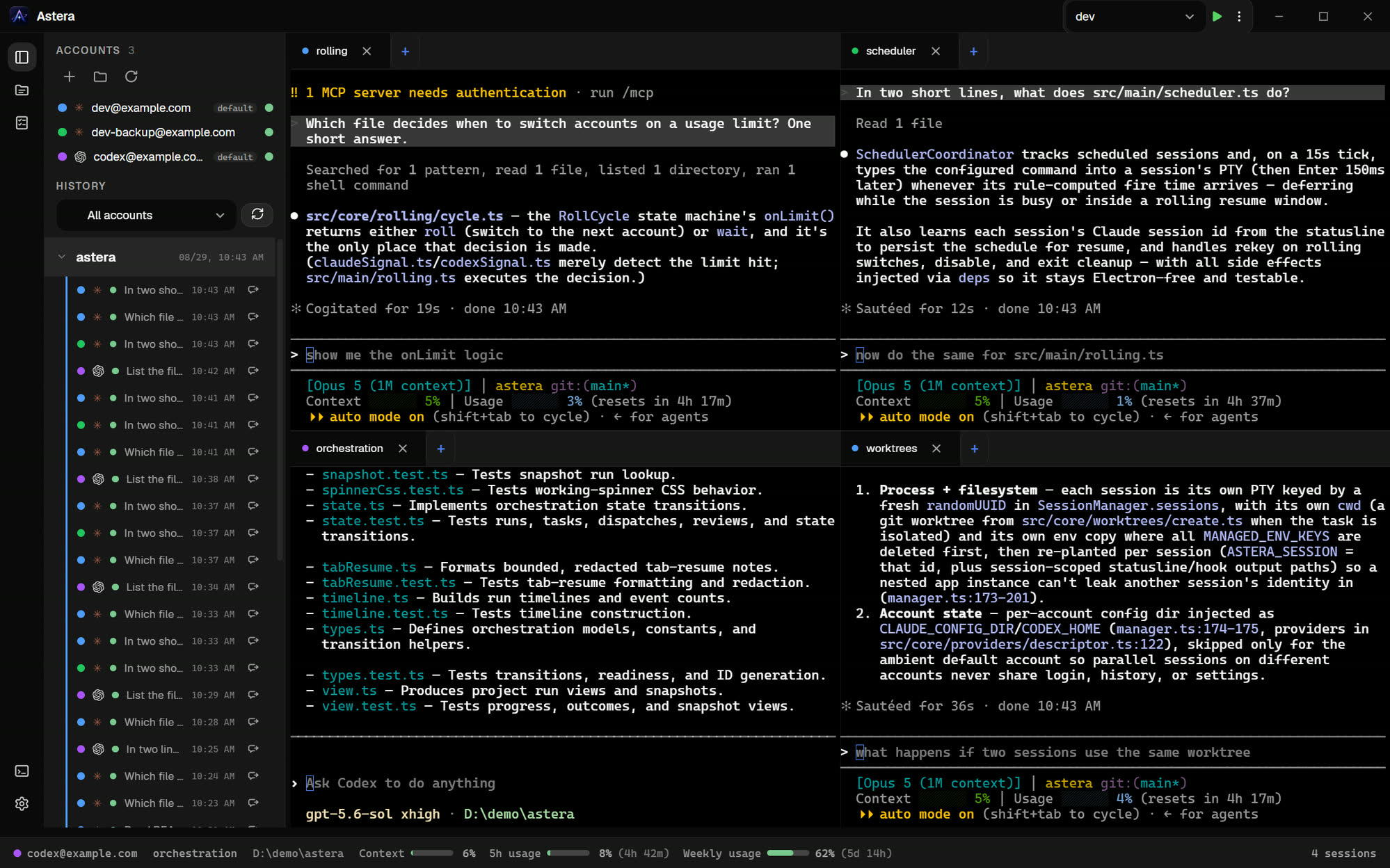Astera running four sessions in one window as a 2x2 grid — three Claude Code and one Codex, on two Claude accounts and a Codex one — with the accounts and the project history in the sidebar