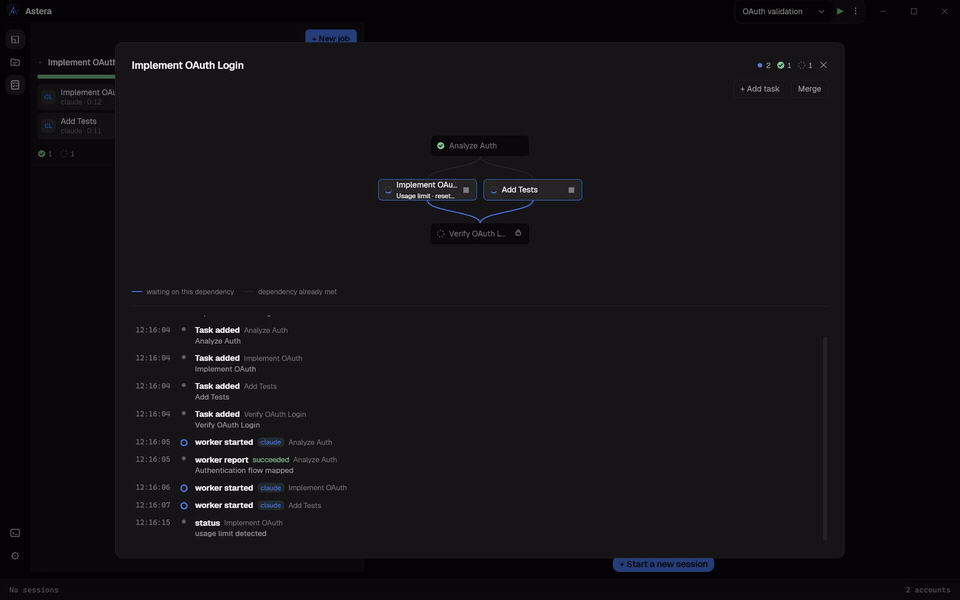 Screen recording: a job advancing through its dependency graph — a worker hits a usage limit and resumes by itself, both dependencies report, and the last task passes a validation and a cross-vendor review