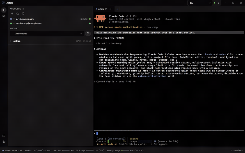 Screen recording: a session hits a usage limit, Astera switches to the next account with the same conversation restored, and when there is nowhere left to go it says when it will resume
