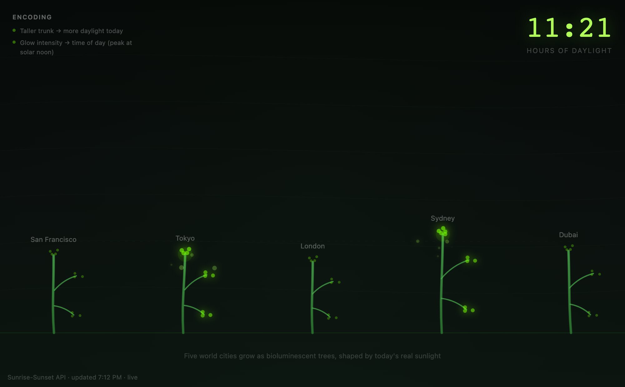 grove: Five cities, grown as glowing trees