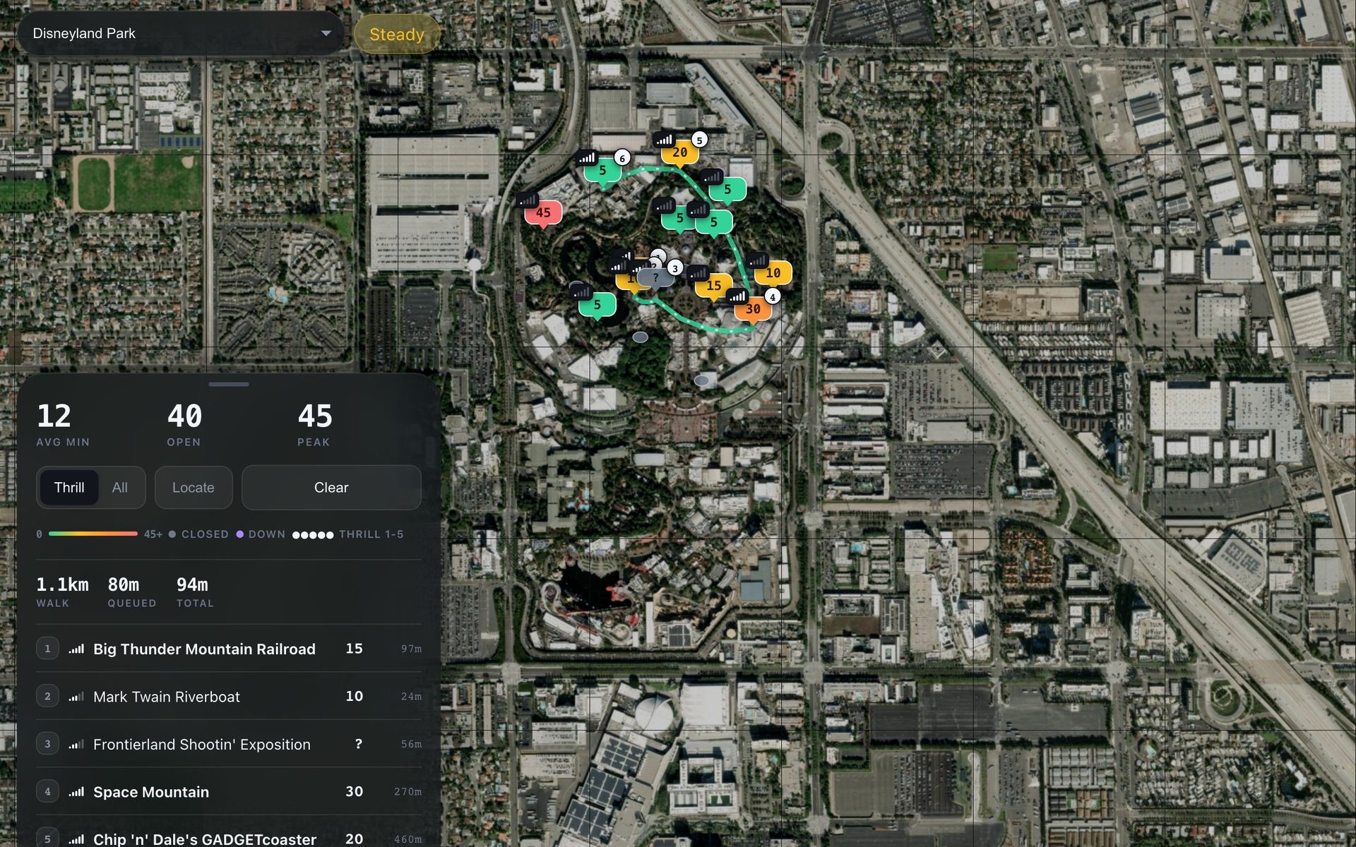 Park Waits: Live ride waits, pinned on a satellite map