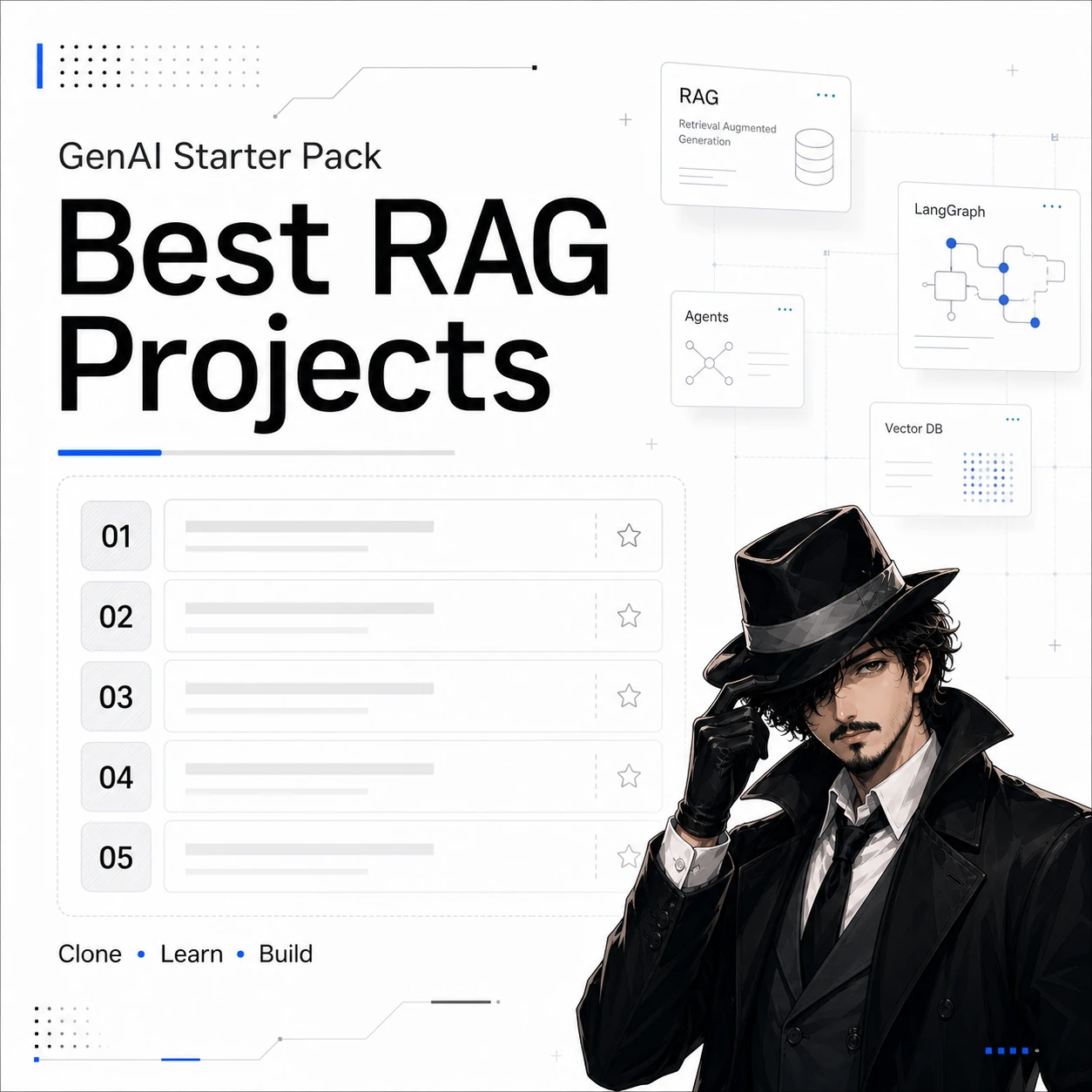 White-noir GenAI curator beside a ranked RAG project dossier